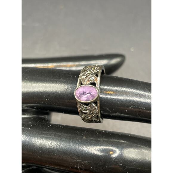 Sterling Silver 925 Purple Amethyst Marcasite Openwork Leaf Band Ring Sz 6.5 - Picture 1 of 8